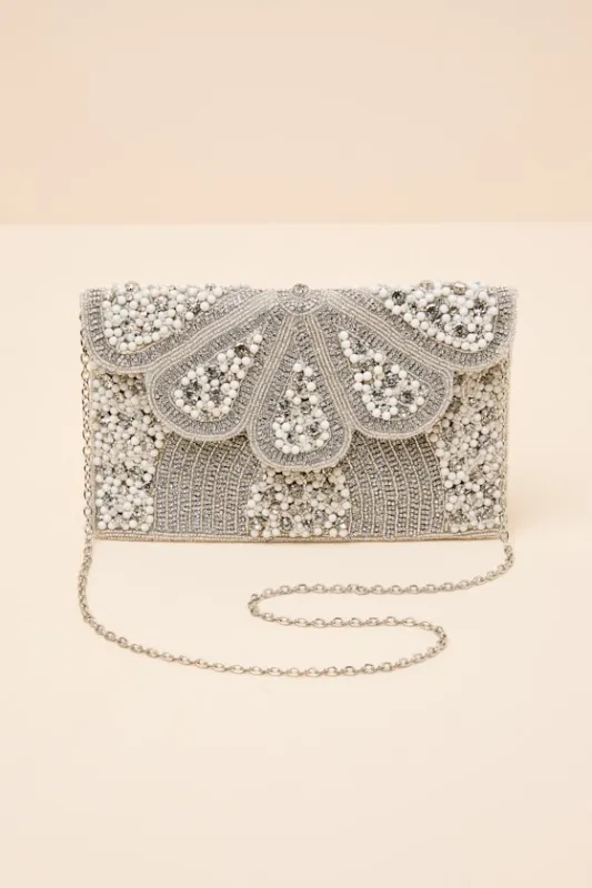 Mabel Silver Beaded Rhinestone Crossbody Clutch sold by Lulus