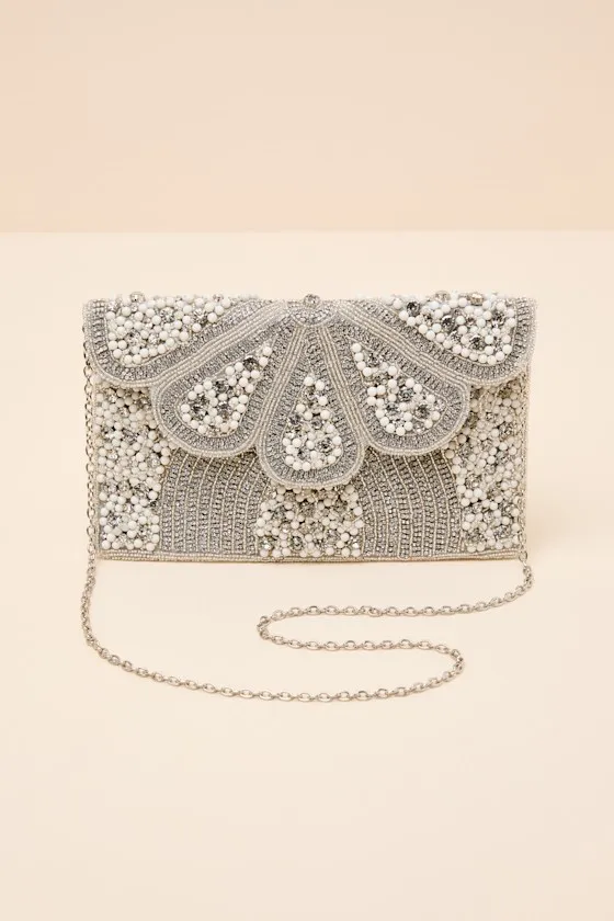 Mabel Silver Beaded Rhinestone Crossbody Clutch sold by Lulus