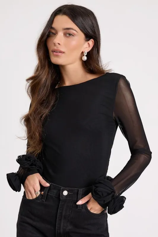 Vassana Black Mesh Cowl Back Long Sleeve Top made by Lulus