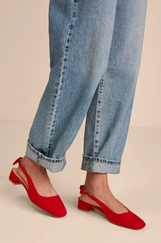 Laylaa Red Suede Bow Slingback Low Heel Pumps made by Lulus