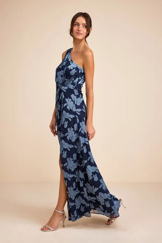 Renni Navy Blue Floral Jacquard One-Shoulder Maxi Dress sold by Lulus