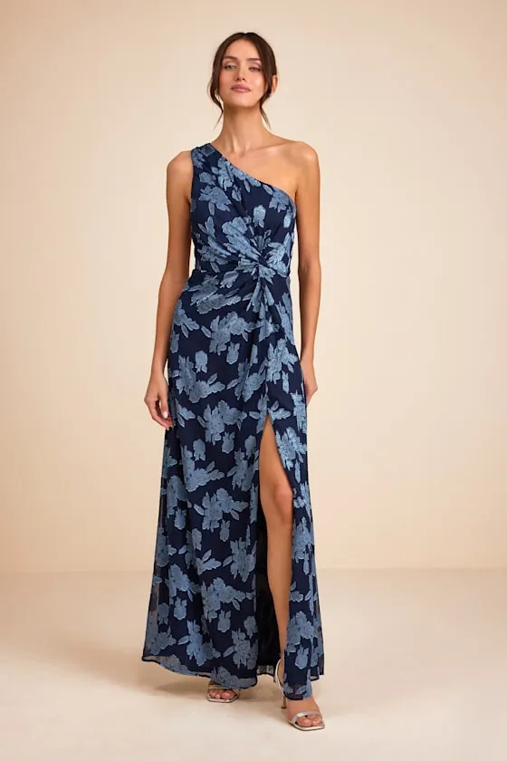 Renni Navy Blue Floral Jacquard One-Shoulder Maxi Dress sold by Lulus product image thumbnail 3