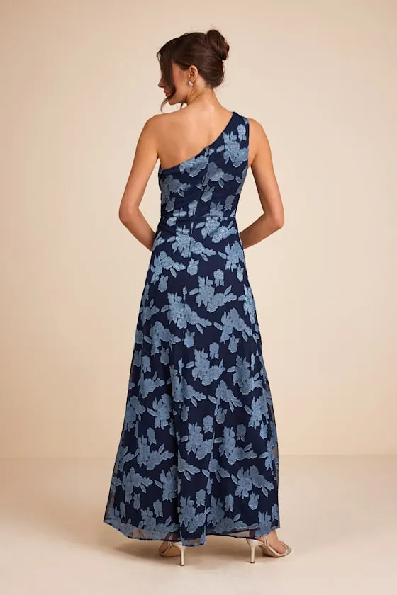 Renni Navy Blue Floral Jacquard One-Shoulder Maxi Dress sold by Lulus product image thumbnail 4
