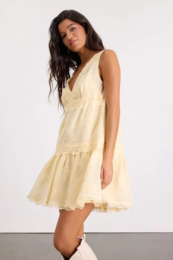 Romy Light Yellow Lace Tiered Shift Mini Dress sold by Lulus product image thumbnail 3