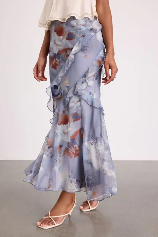 Breelyn Dusty Lavender Floral Ruffled Midi Skirt sold by Lulus