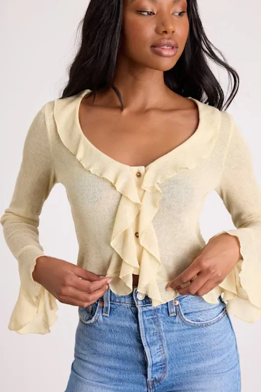 Casley Light Yellow Ruffled Button-Front Sweater Knit Top sold by Lulus
