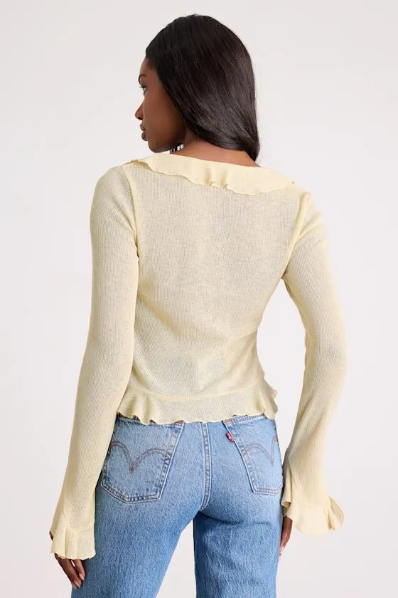 Casley Light Yellow Ruffled Button-Front Sweater Knit Top sold by Lulus product image thumbnail 2