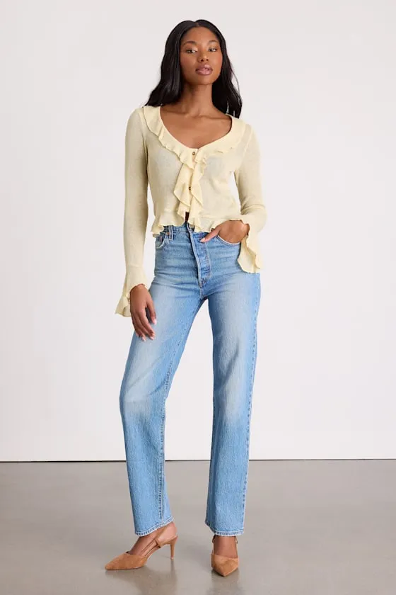 Casley Light Yellow Ruffled Button-Front Sweater Knit Top sold by Lulus product image thumbnail 4
