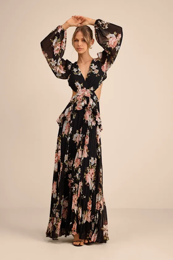 Chaelyn Black Floral Long Sleeve Cutout Maxi Dress sold by Lulus