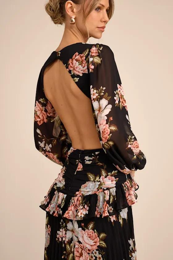 Chaelyn Black Floral Long Sleeve Cutout Maxi Dress sold by Lulus product image thumbnail 2