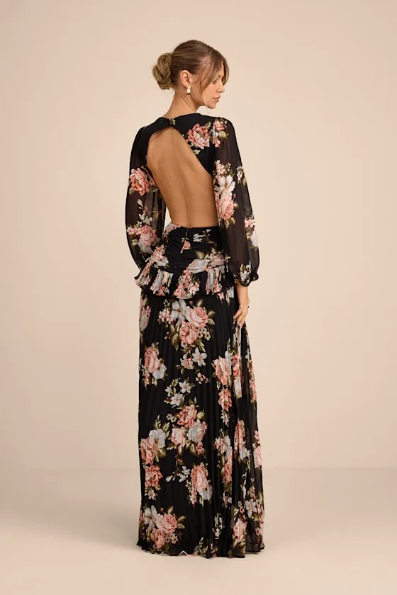 Chaelyn Black Floral Long Sleeve Cutout Maxi Dress sold by Lulus product image thumbnail 3