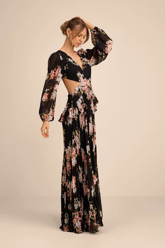 Chaelyn Black Floral Long Sleeve Cutout Maxi Dress sold by Lulus product image thumbnail 4