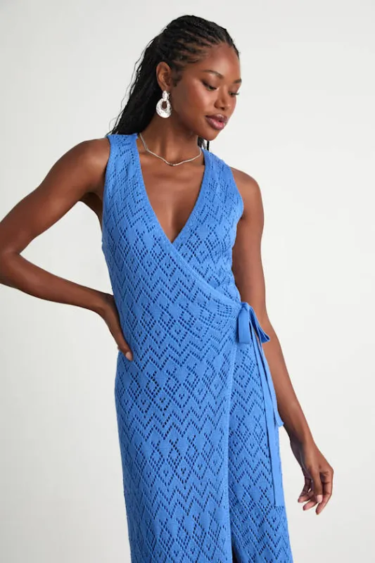 Livia Blue Pointelle Knit Wrap Midi Dress sold by Lulus