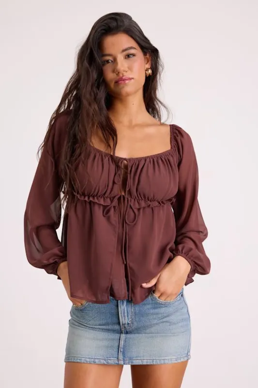 Lemmie Brown Chiffon Tie-Front Long Sleeve Top sold by Lulus