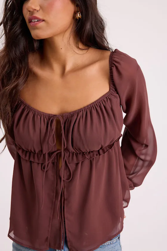 Lemmie Brown Chiffon Tie-Front Long Sleeve Top sold by Lulus product image thumbnail 2