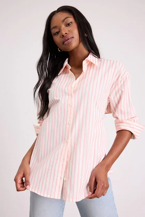 Logan Ivory and Pink Striped Cutout Button-Up Long Sleeve Top sold by Lulus
