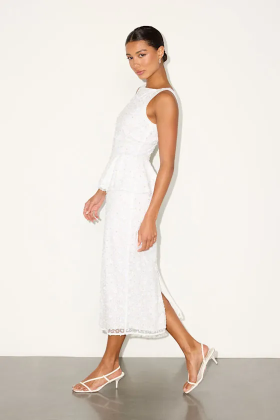 Nivina White Beaded Sequin Peplum Midi Dress sold by Lulus product image thumbnail 4