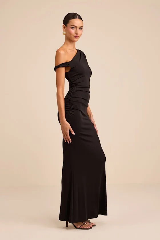 Oriella Black Asymmetrical Ruched Mermaid Maxi Dress sold by Lulus