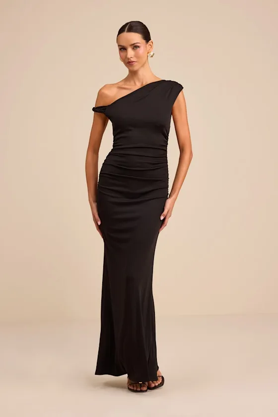 Oriella Black Asymmetrical Ruched Mermaid Maxi Dress sold by Lulus product image thumbnail 4