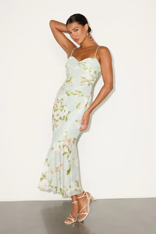 Giorgina Sage Floral Mesh Gathered Trumpet Midi Dress sold by Lulus
