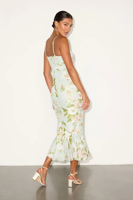 Giorgina Sage Floral Mesh Gathered Trumpet Midi Dress sold by Lulus product image thumbnail 3