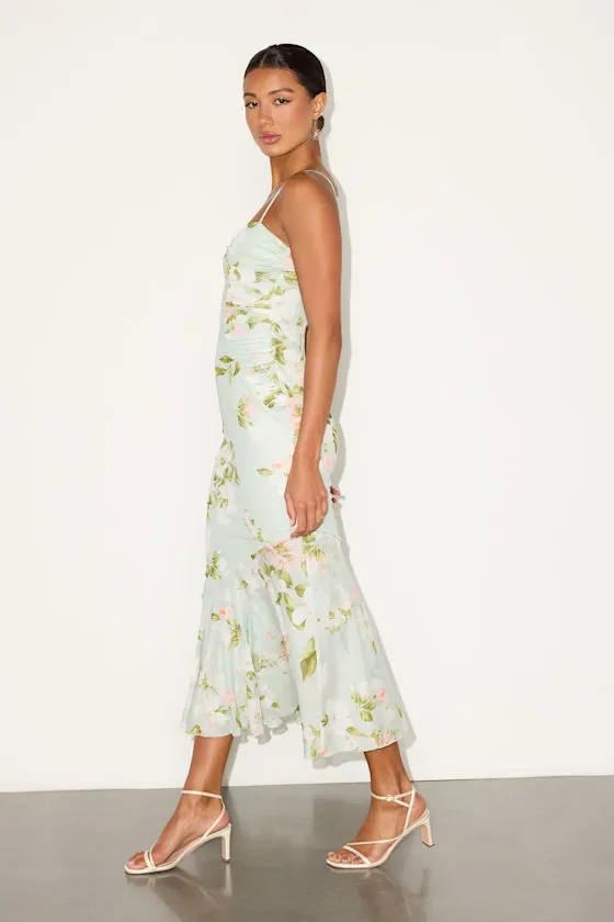 Giorgina Sage Floral Mesh Gathered Trumpet Midi Dress sold by Lulus product image thumbnail 4