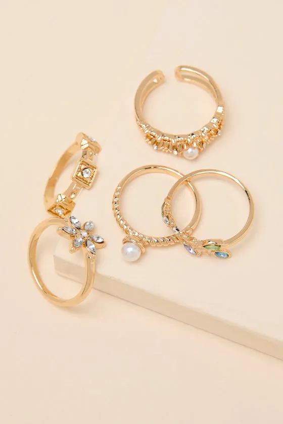 Precious Gold Rhinestone Five-Piece Ring Set sold by Lulus