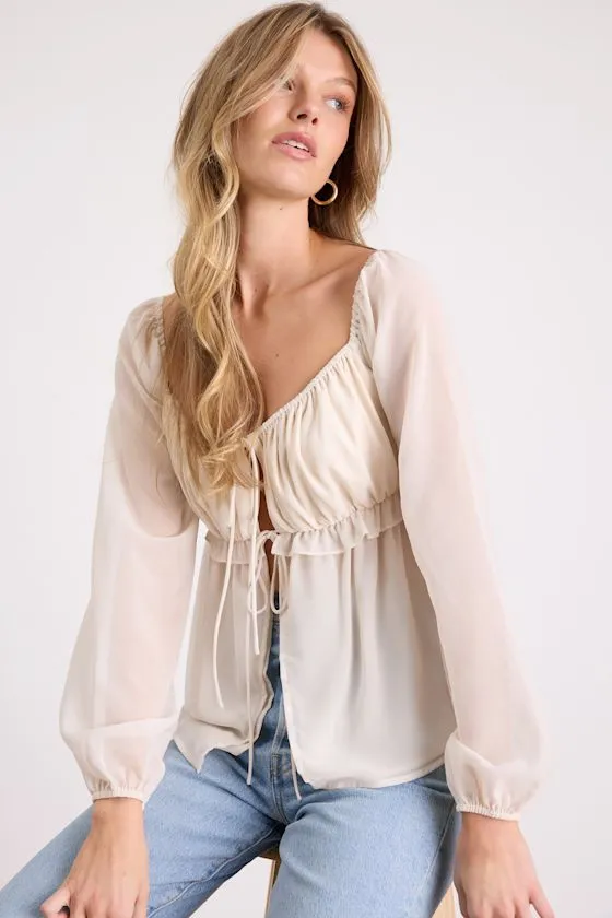 Lemmie Ivory Chiffon Tie-Front Long Sleeve Top sold by Lulus product image thumbnail 4