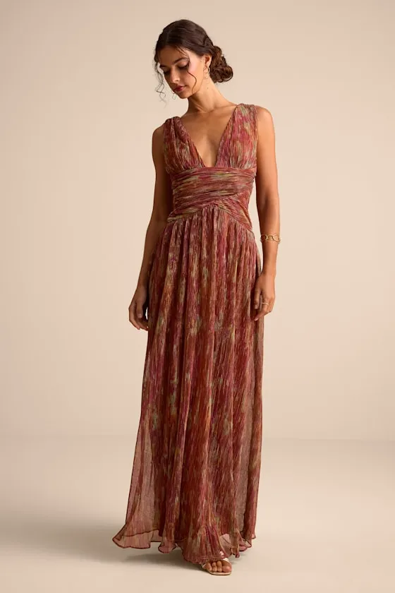Evaluna Rust Abstract Print Lurex Pleated Maxi Dress sold by Lulus