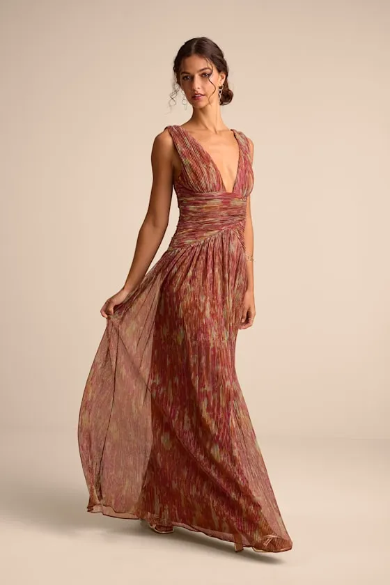 Evaluna Rust Abstract Print Lurex Pleated Maxi Dress sold by Lulus product image thumbnail 4
