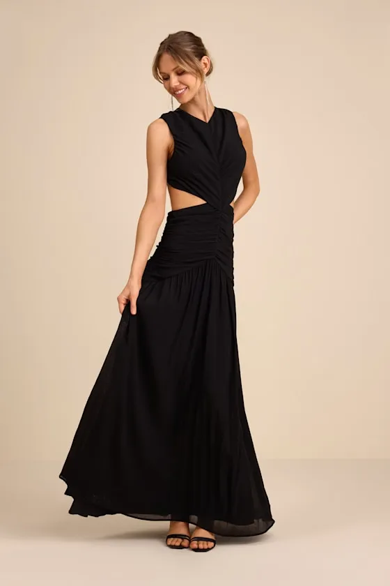 Ashbury Black Textured Backless Maxi Dress sold by Lulus