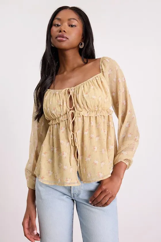 Lemmie Yellow Floral Chiffon Tie-Front Long Sleeve Top sold by Lulus