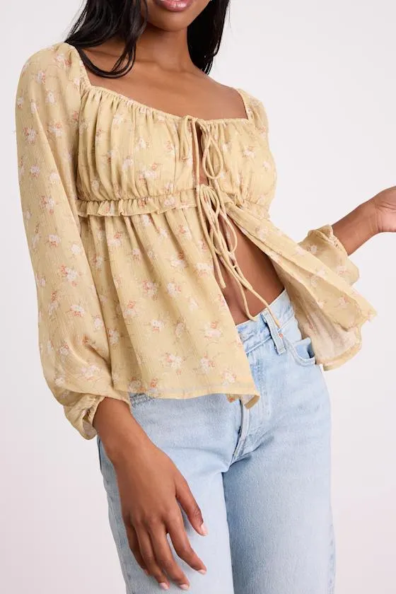 Lemmie Yellow Floral Chiffon Tie-Front Long Sleeve Top sold by Lulus product image thumbnail 2