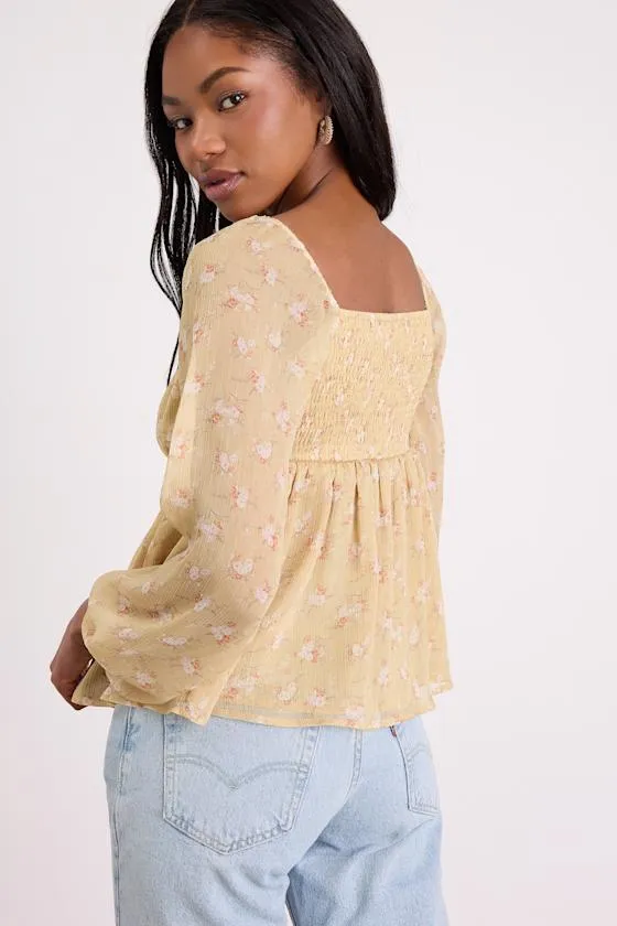 Lemmie Yellow Floral Chiffon Tie-Front Long Sleeve Top sold by Lulus product image thumbnail 3
