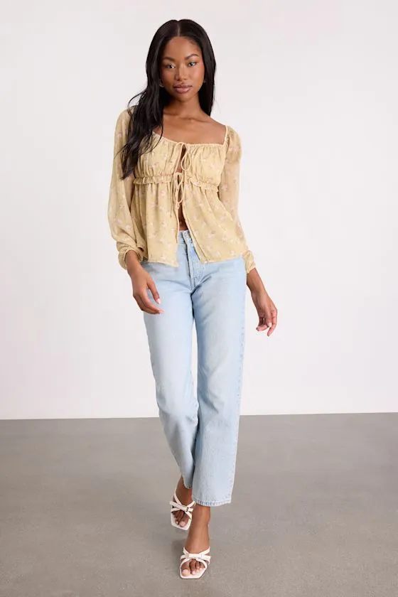 Lemmie Yellow Floral Chiffon Tie-Front Long Sleeve Top sold by Lulus product image thumbnail 4