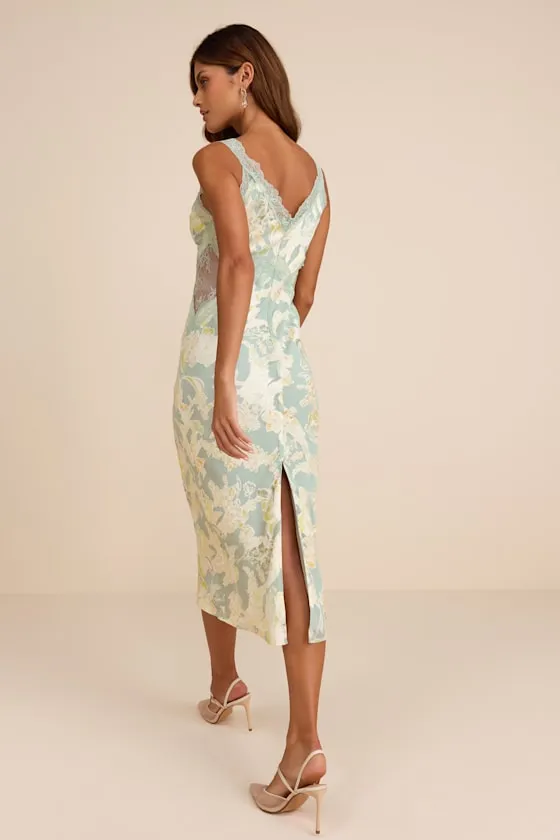 Mariposa Sage Floral Satin Lace Slip Midi Dress sold by Lulus product image thumbnail 3