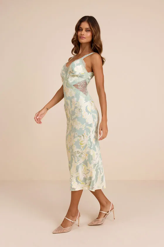 Mariposa Sage Floral Satin Lace Slip Midi Dress sold by Lulus product image thumbnail 4