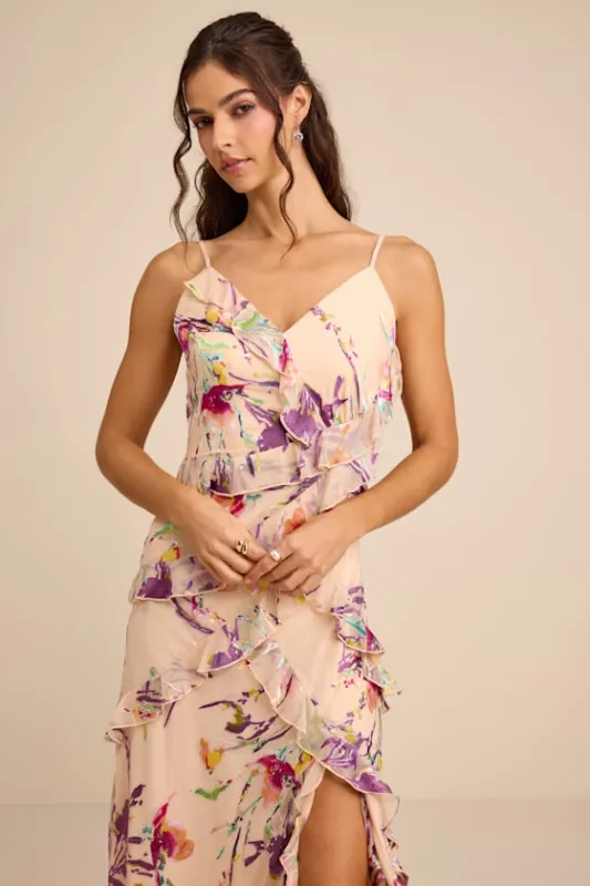 Neline Beige Multi Abstract Ruffled Maxi Dress sold by Lulus