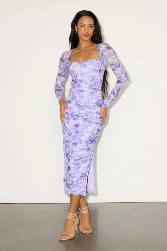 Janessa Light Purple Floral Mesh Bodycon Midi Dress sold by Lulus