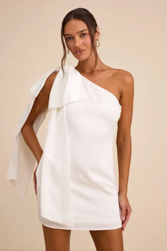 Jayda White Satin Jacquard One-Shoulder Sash Mini Dress sold by Lulus