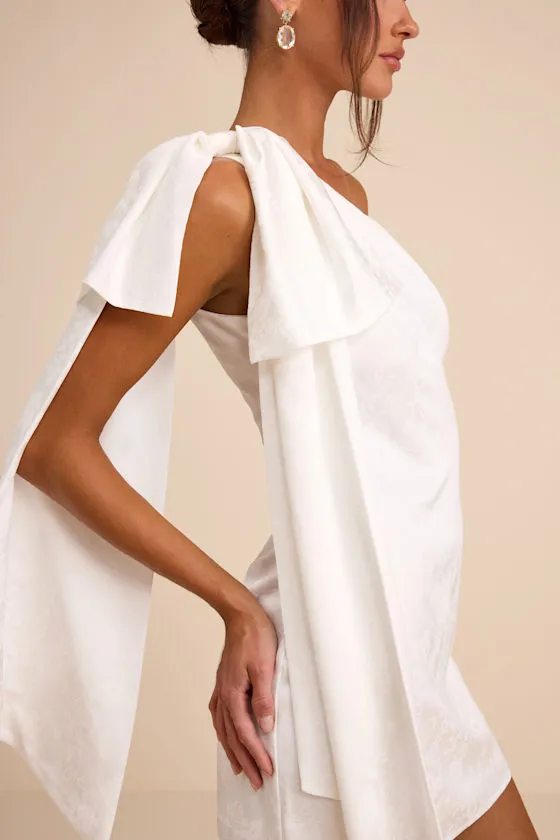 Jayda White Satin Jacquard One-Shoulder Sash Mini Dress sold by Lulus product image thumbnail 2