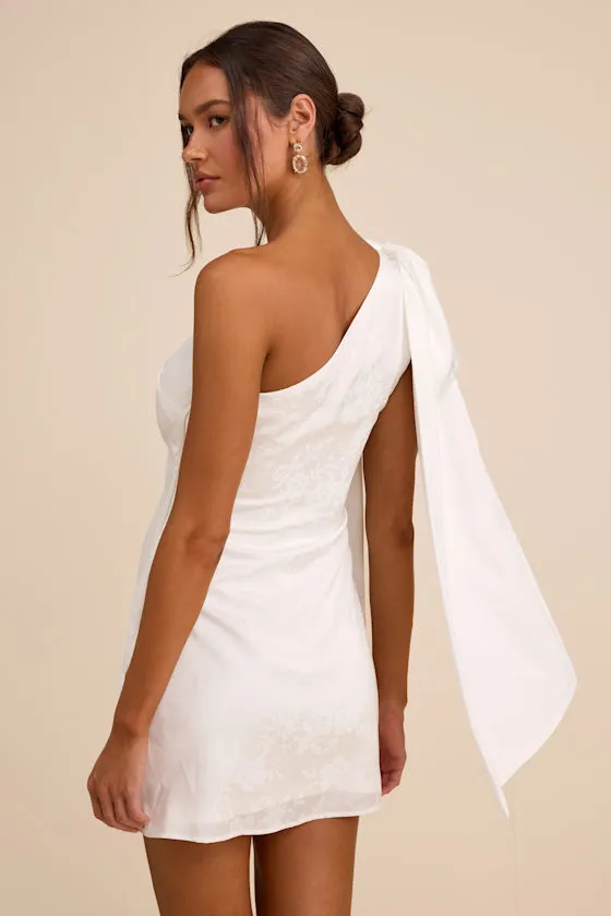Jayda White Satin Jacquard One-Shoulder Sash Mini Dress sold by Lulus product image thumbnail 3