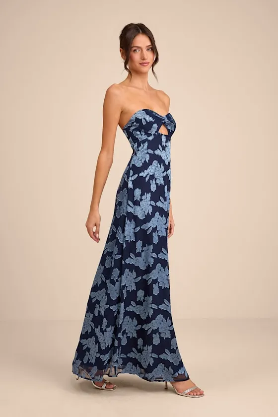 Danae Navy Blue Floral Jacquard Strapless Maxi Dress sold by Lulus
