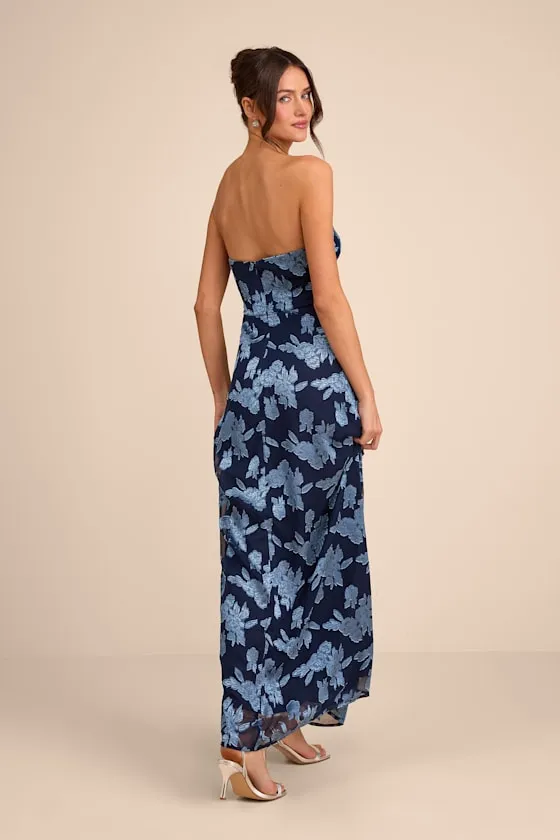 Danae Navy Blue Floral Jacquard Strapless Maxi Dress sold by Lulus product image thumbnail 4