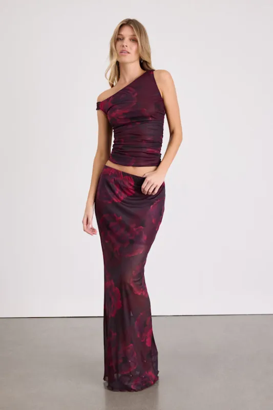 Camella Dark Plum Floral Mesh Maxi Skirt sold by Lulus
