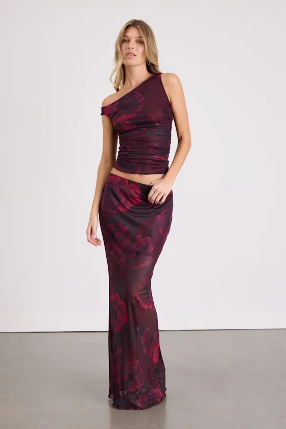 Camella Dark Plum Floral Mesh Maxi Skirt sold by Lulus