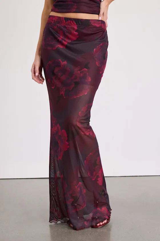 Camella Dark Plum Floral Mesh Maxi Skirt sold by Lulus product image thumbnail 2