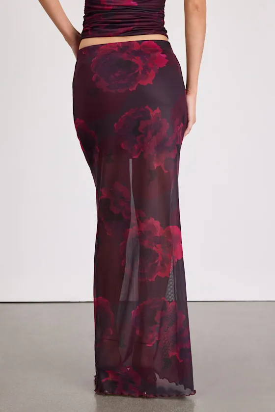 Camella Dark Plum Floral Mesh Maxi Skirt sold by Lulus product image thumbnail 3