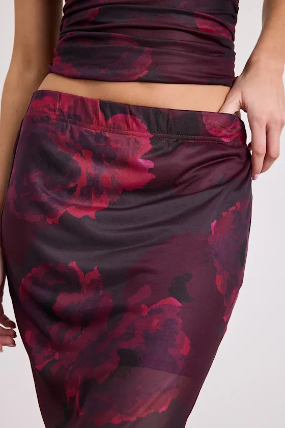 Camella Dark Plum Floral Mesh Maxi Skirt sold by Lulus product image thumbnail 4