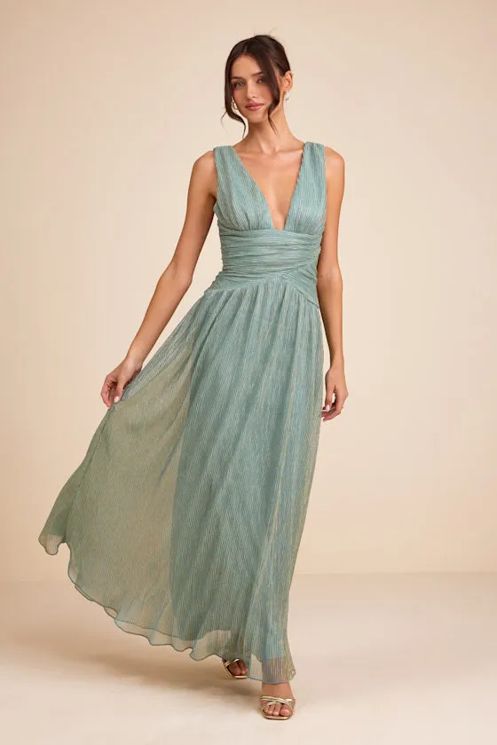 Evaluna Sage Green Abstract Print Lurex Pleated Maxi Dress sold by Lulus